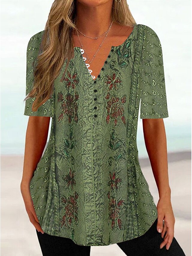 Women's T Shirt Henley Shirt Buttons Print Floral Tunic