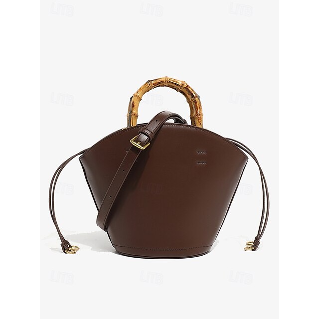 with Brown Leather Handle Bamboo Women's Bucket Bag