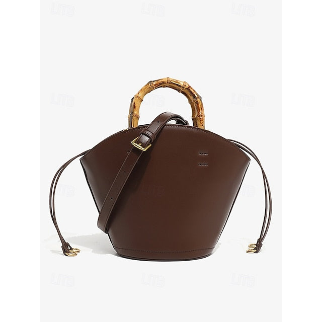 with Brown Women's Leather Bag Bucket Bamboo Handle