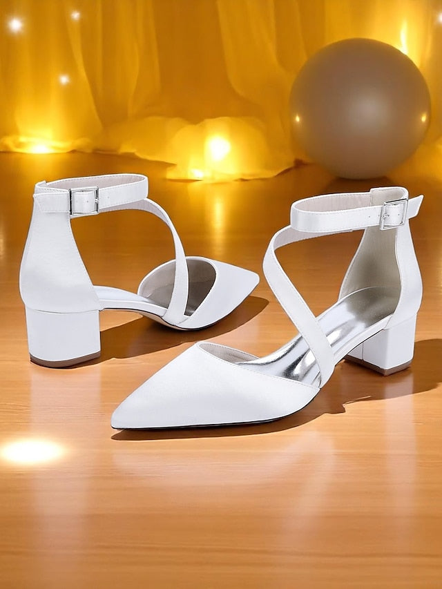 Women's Block Pointed - Satin Toe Champagne Heels