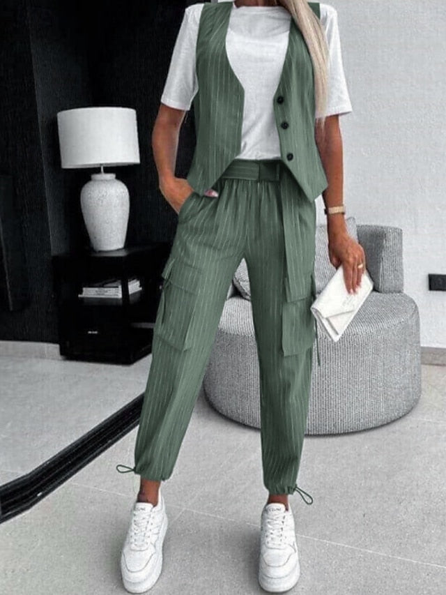 Women's Pants Sets Sleeveless V Neck Striped Print Fashion