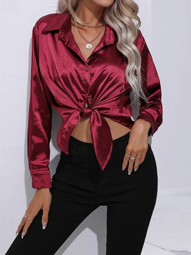 Women's Shirt Elegant Satin Top Blouse Buttons Plain