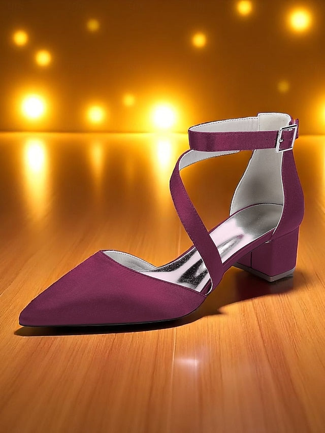 Women's Block Pointed - Satin Toe Champagne Heels