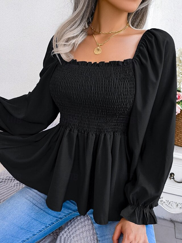 Women's Blouse Chiffon Tops Ruched Patchwork Plain Stylish