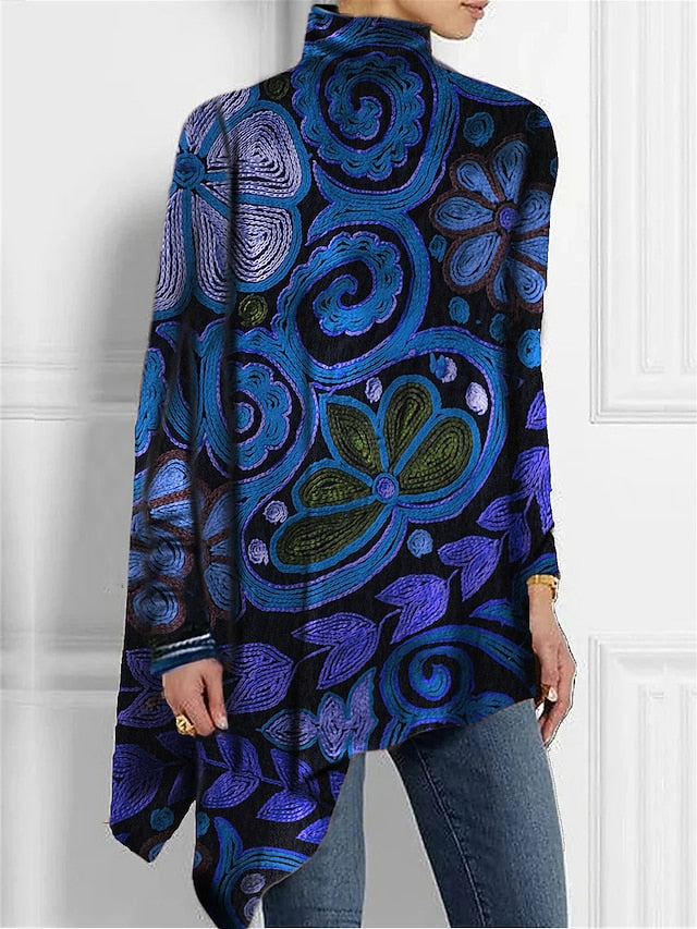 Women's T Shirt Fashion Floral Print Asymmetric Hem Long