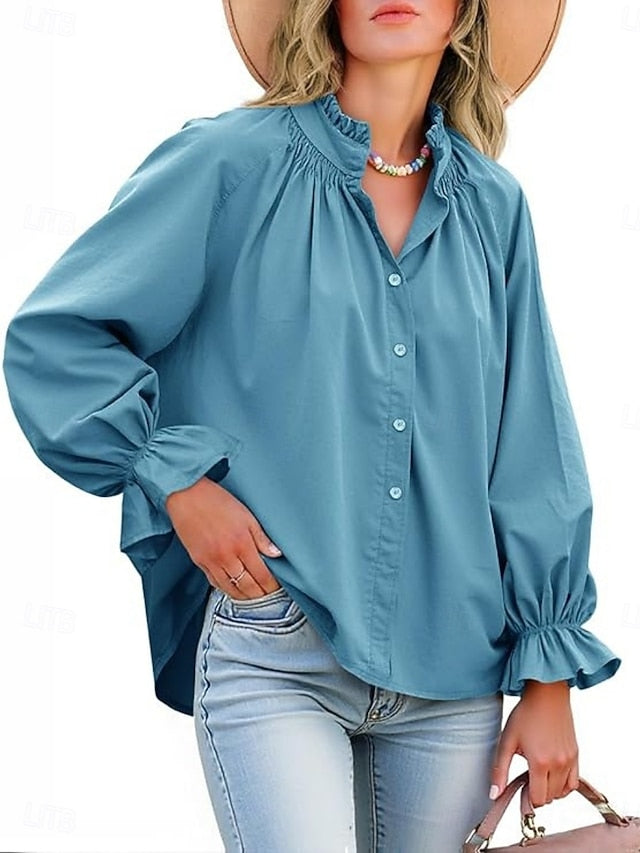 Women's Casual Shirt Button Up Shirt Blouse Ruffle Buttons