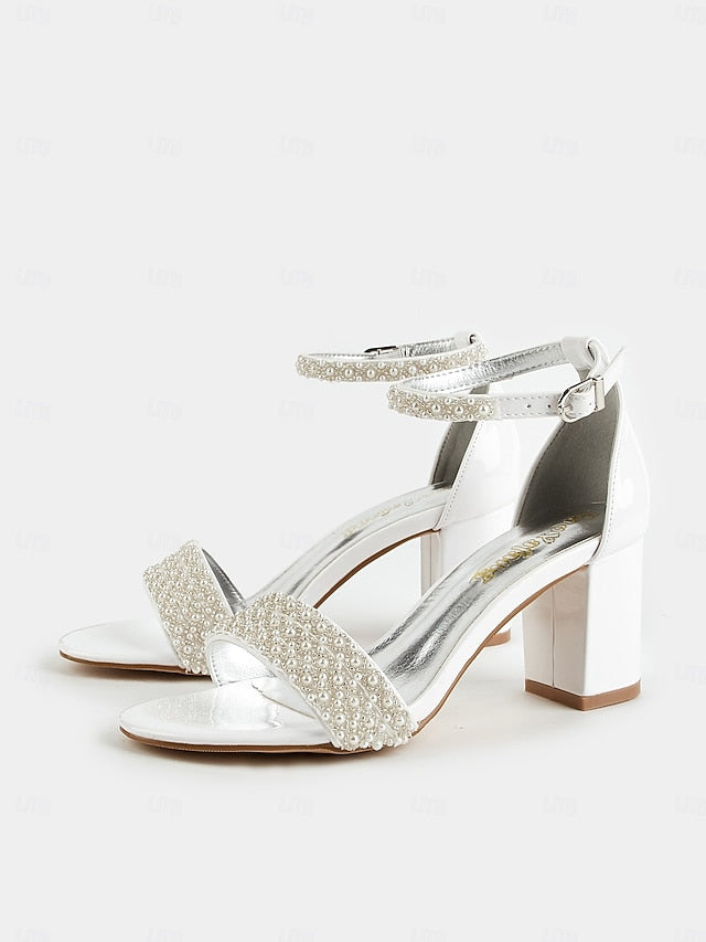 Strap with Ankle Ivory Open-Toe Heels for Pearl-Embellished