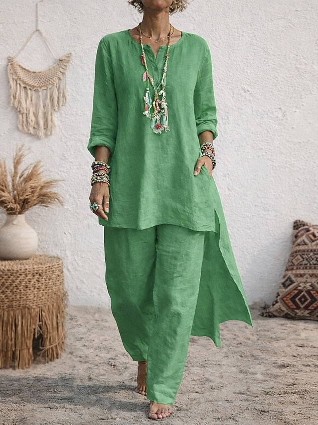 Women's Boho Shirt Sets Linen Like Two Piece Sets Faux