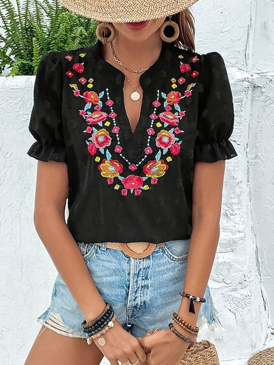Women's T Shirt Ruffle Patchwork Embroidered Floral Fashion
