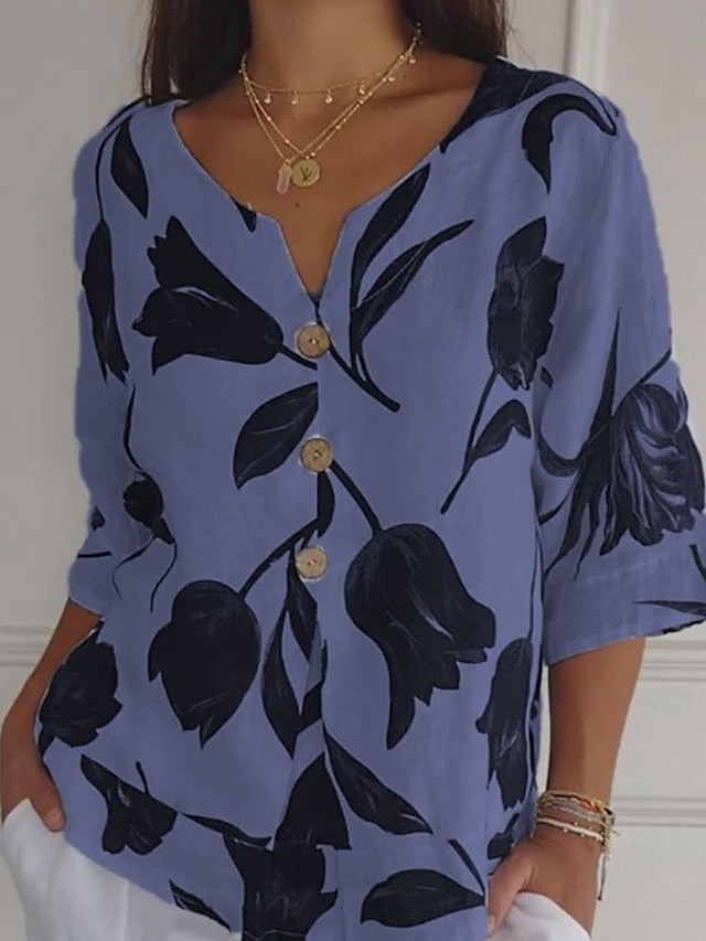 Women's Shirt Button Up Blouse Faux Cotton Linen Graphic