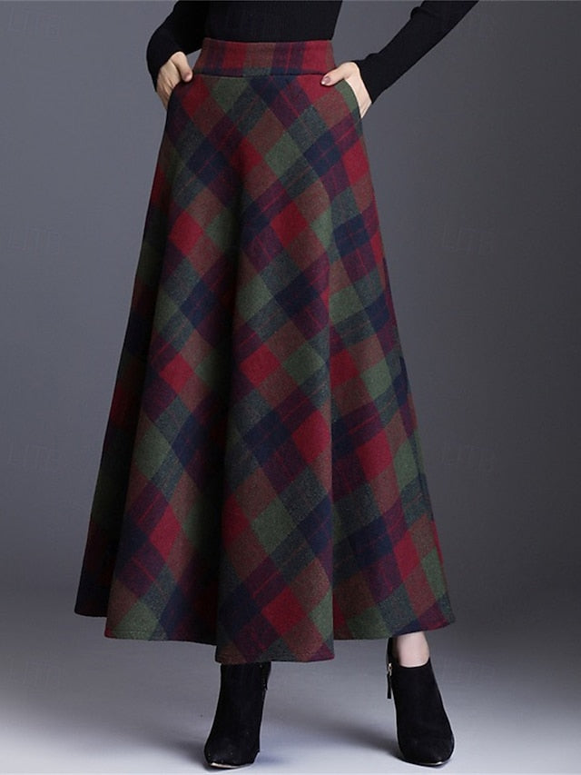 Women's Elegant Retro Vintage Maxi High Waist Skirts Plaid