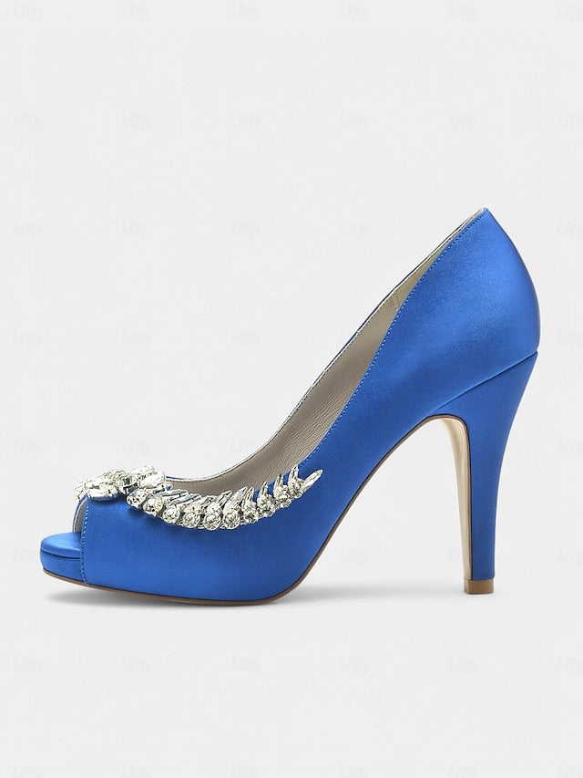 Blue Embellishment Heels Luxury with Crystal Peep-Toe – Satin