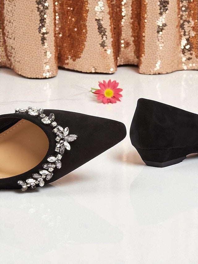 Women's Black Suede Pointed Rhinestone Toe with Flats