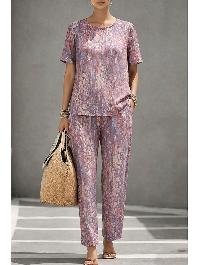 Women's Cotton Linen Sets Short Sleeve Round Neck Graphic