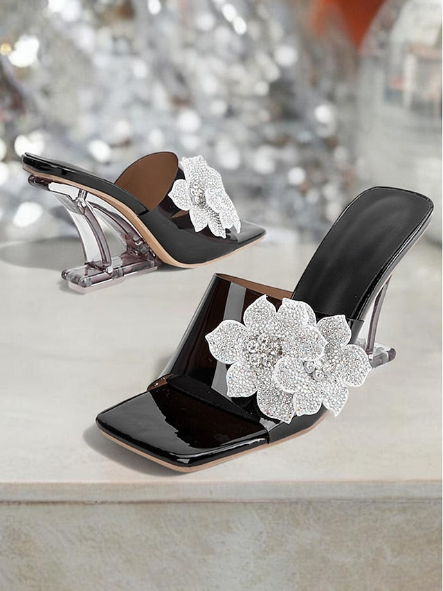 Black with Rhinestone Flower Patent Leather Women's Mules