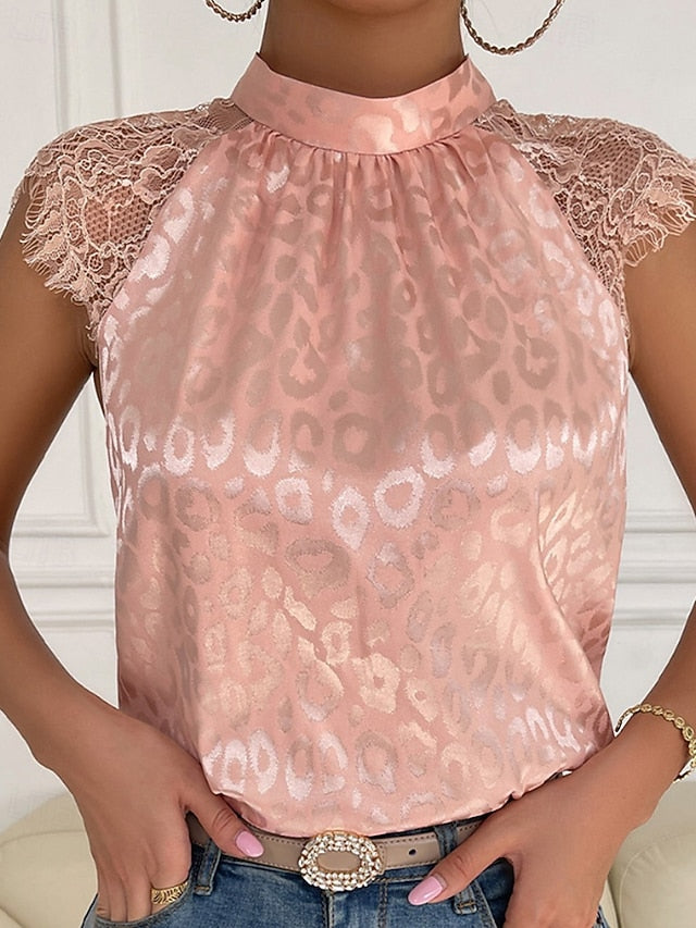 Women's Shirt Elegant Satin Top Blouse Lace Patchwork