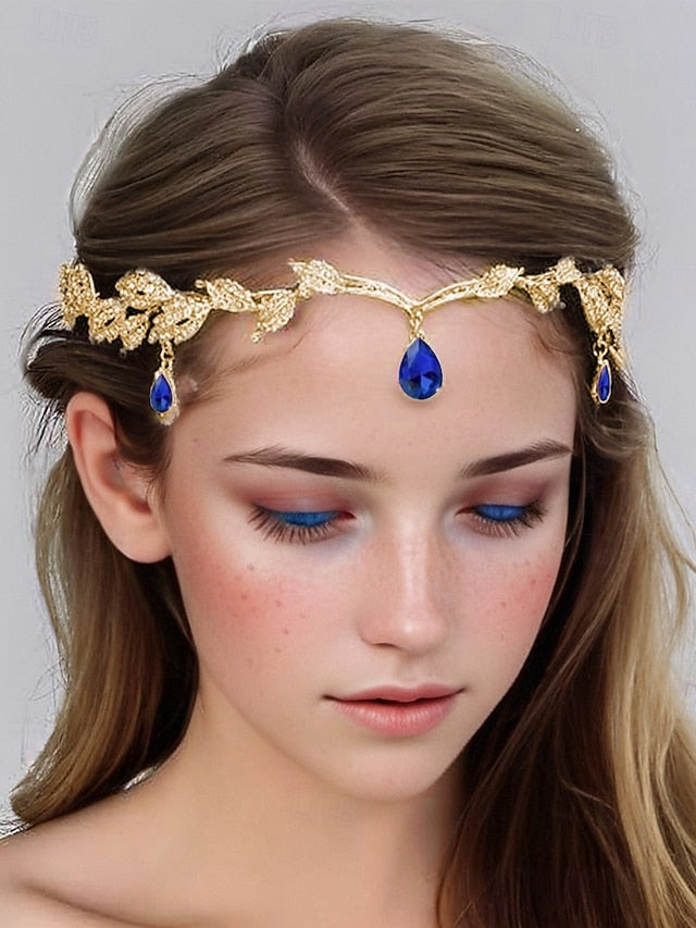 – Headpiece Leaf Blue Drops with Vintage Gold Gemstone