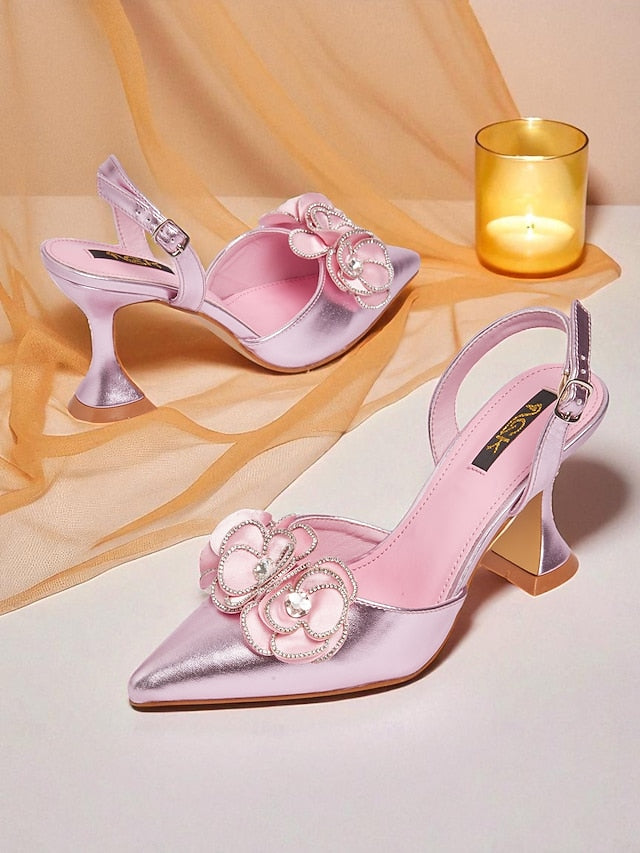 Floral Satin Heels Pointed Women's with Pink Toe