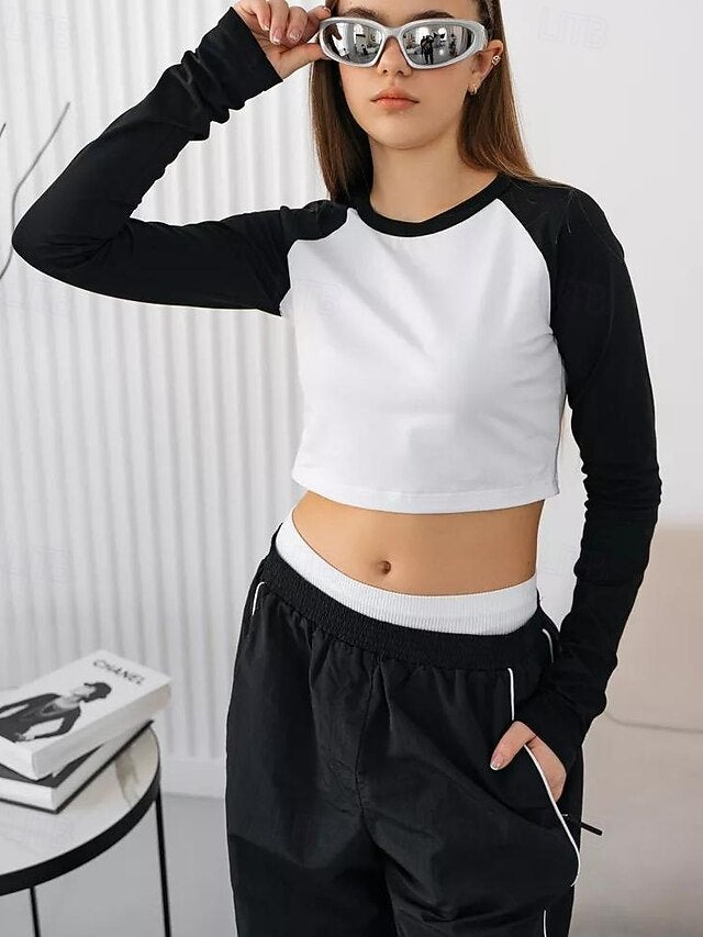 Women's Ribbed Knit Tops Raglan T Shirt Patchwork Color
