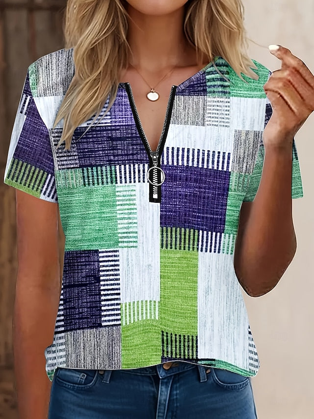 Women's T Shirt Quarter Zip Graphic Geometric Tropical