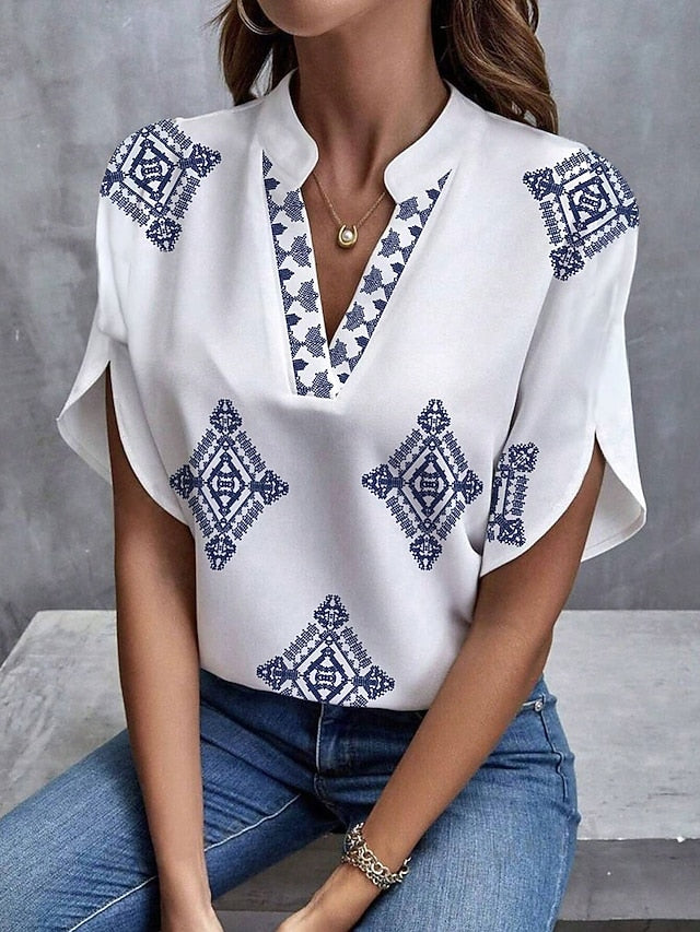 Women's Blouse V Neck Graphic Geometric Stylish Beach Short