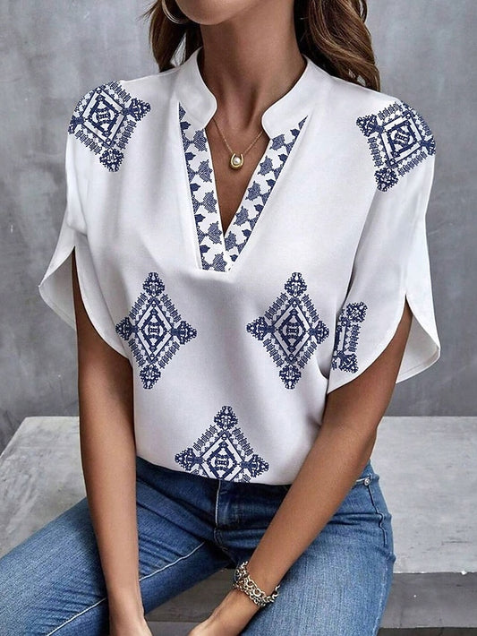 Women's Blouse V Neck Graphic Geometric Stylish Beach Short
