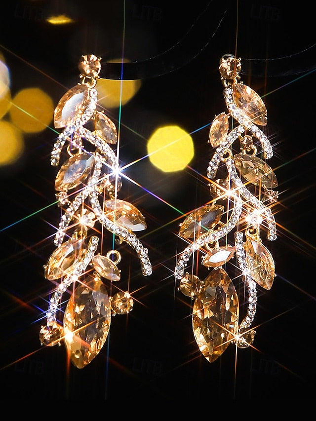 Design Women's Earrings Leaf Crystal Elegant Gold -