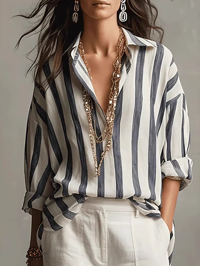 Women's Blouse Faux Linen Shirt Buttons Print Striped