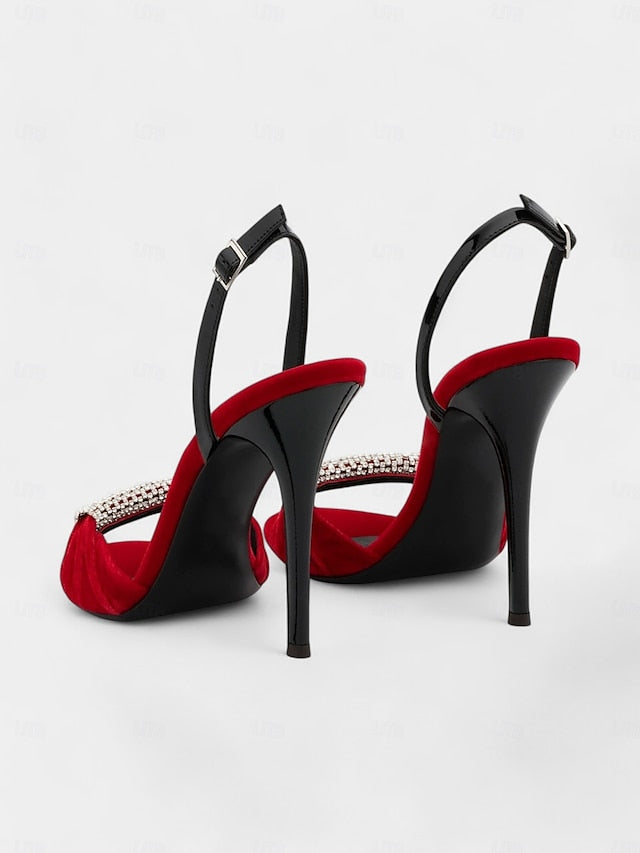 Heels Velvet Red Bold Accent – with Rhinestone Stiletto