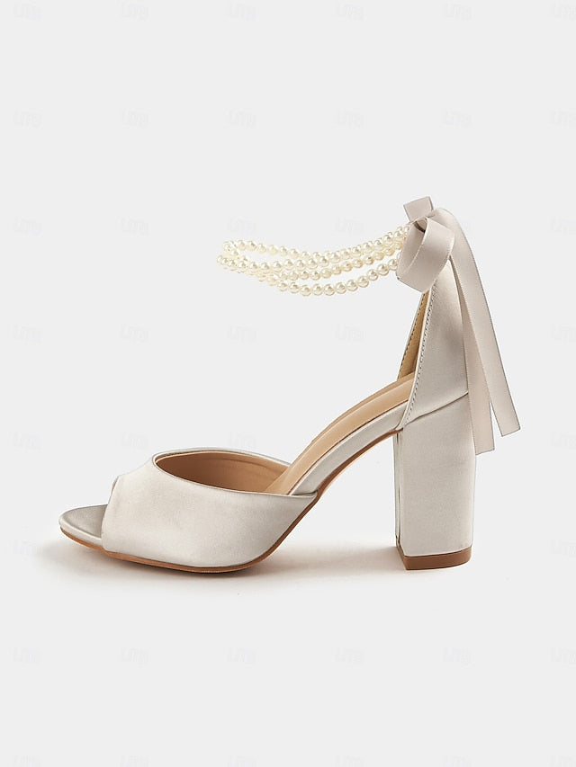 Heel Ankle Block with Women's Peep-Toe Pearl Satin Sandals
