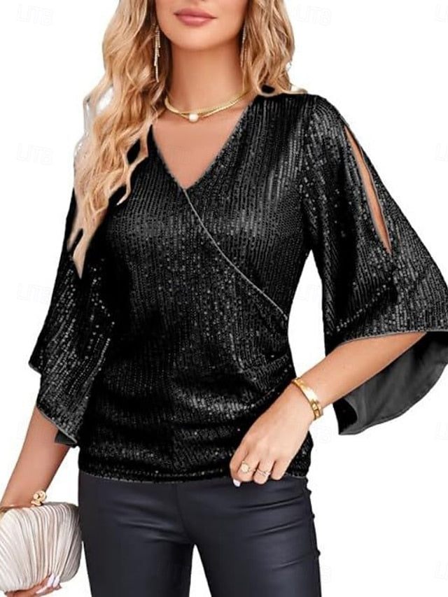 Women's Blouse Sequins Solid Color Elegant Modern 3/4