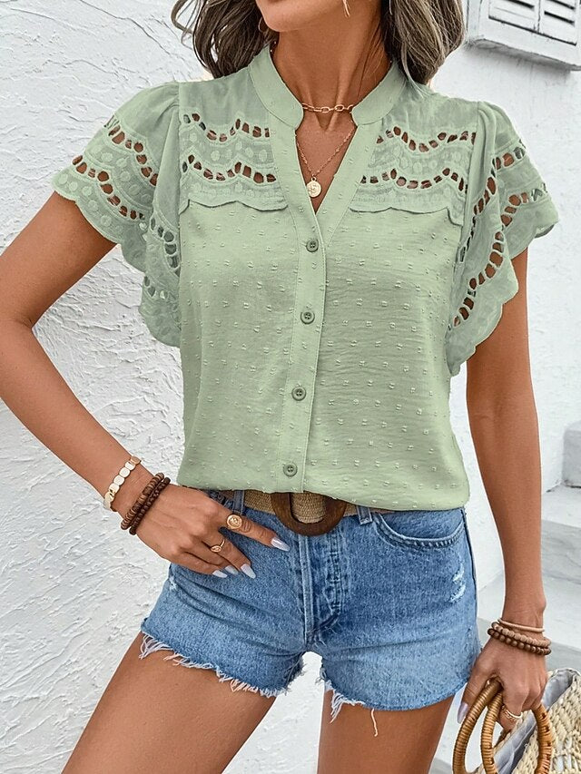Women's Lace Shirt Lace Patchwork Buttons Solid Color