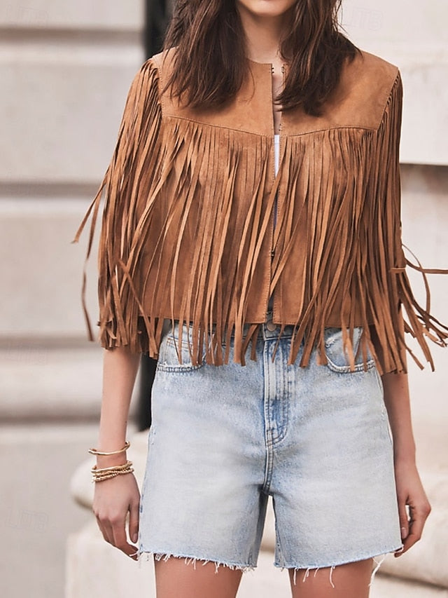 Women's Blouse Tassel Plain Western Sleeveless V Neck