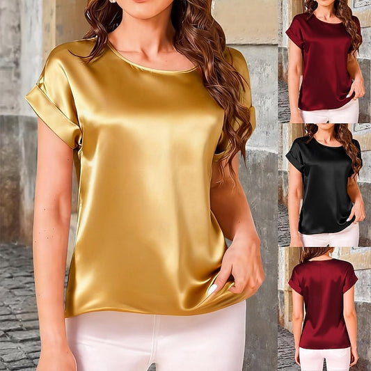 Women's Satin Top Satin Blouse Summer Tops Glitter Solid
