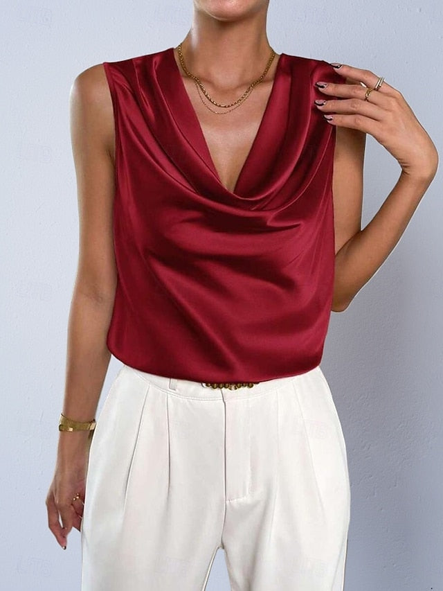 Women's Satin Shirt Blouse Cowl Neck Top Sleeveless Shirt
