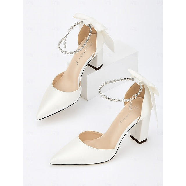 Satin Elegant Toe Block Pointed Heel Ankle Pumps Women's -