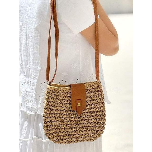 Women’s Bag Chic Leather - Strap Straw with Crossbody Woven