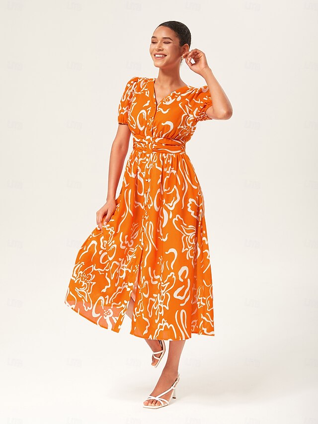 Abstract art print Linen-Like Fabric Waist-Cinching Maxi Dress