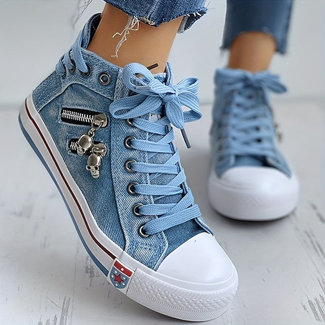 Women's Blue Denim High-Top Sneakers with Skull Charms and