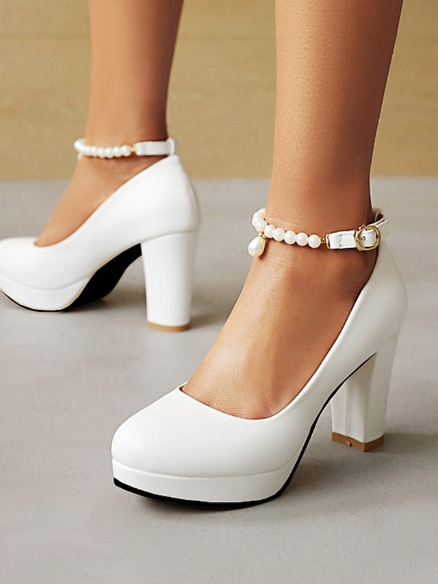 with Pumps Pearl Women's Heel Strap High – Ankle White
