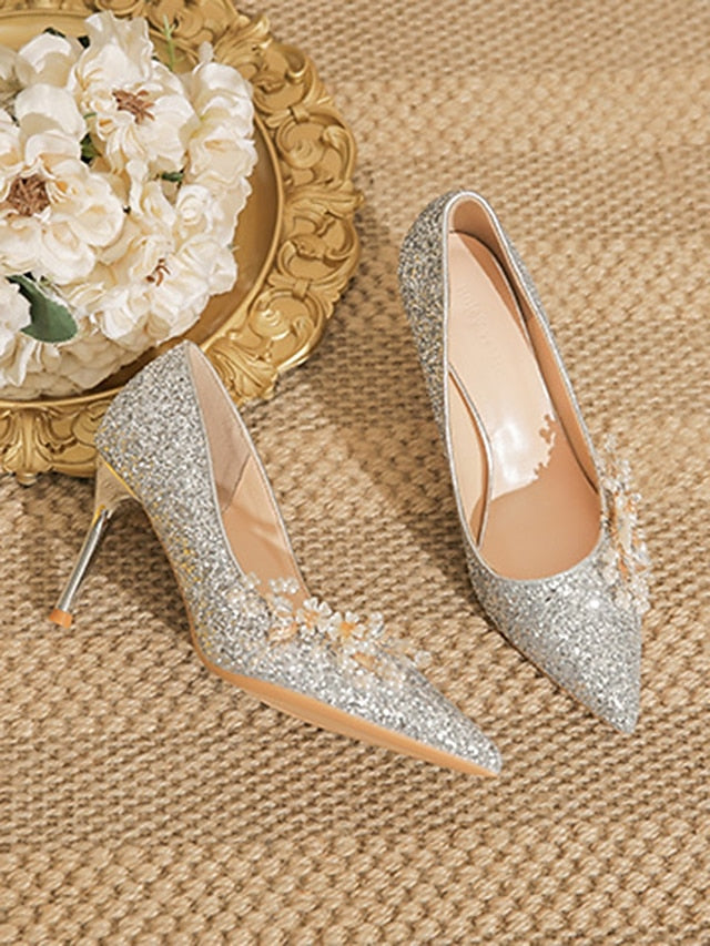 with Silver Heels Women's Stiletto Floral Glitter