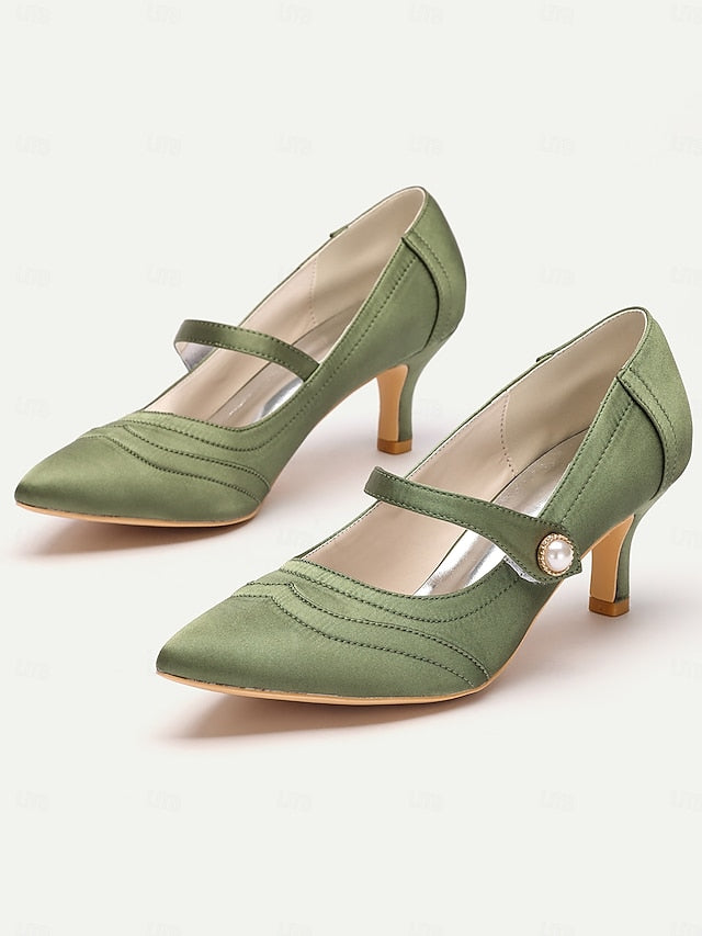 Elegant with Pearl - Button Mary Heels Jane Green Satin