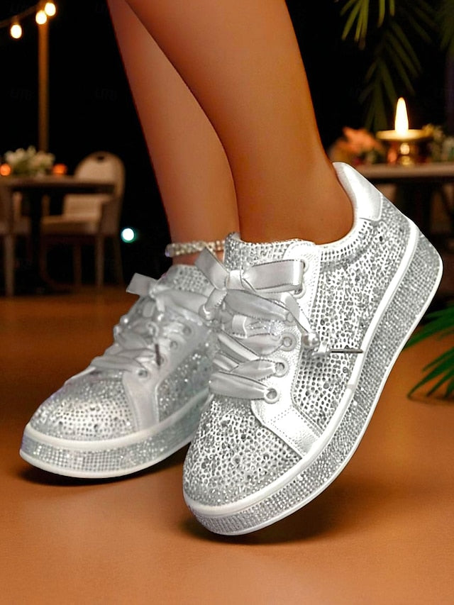 Rhinestone Lace-Up - Sparkly Glamorous Sneakers Women's