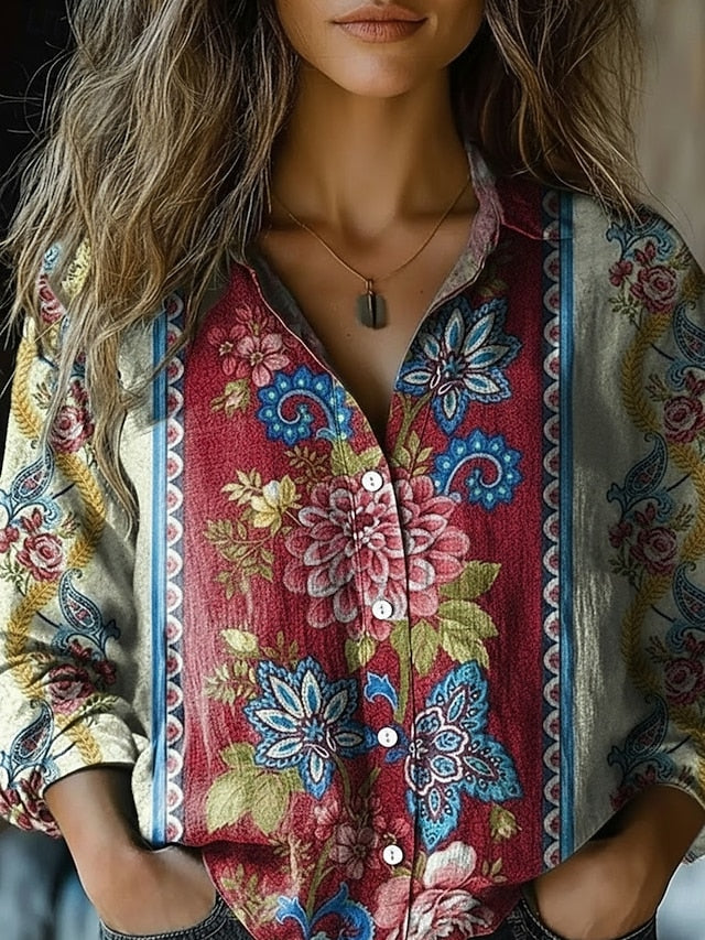 Women's Shirt Faux Cotton Linen Buttons Print Floral