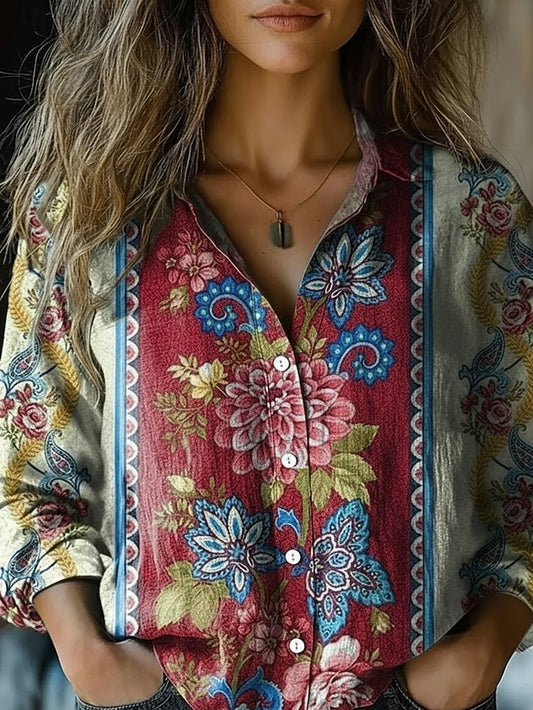 Women's Shirt Faux Cotton Linen Buttons Print Floral