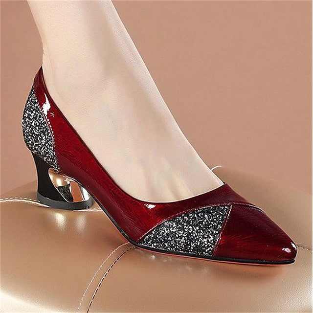 Women's Glitter-Accented Block Leather Patent Heels Faux