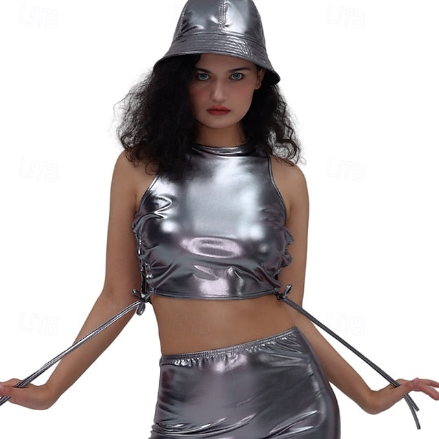 Metallic 1980s Shiny Latex Patent Crop Top Halter PU Leather