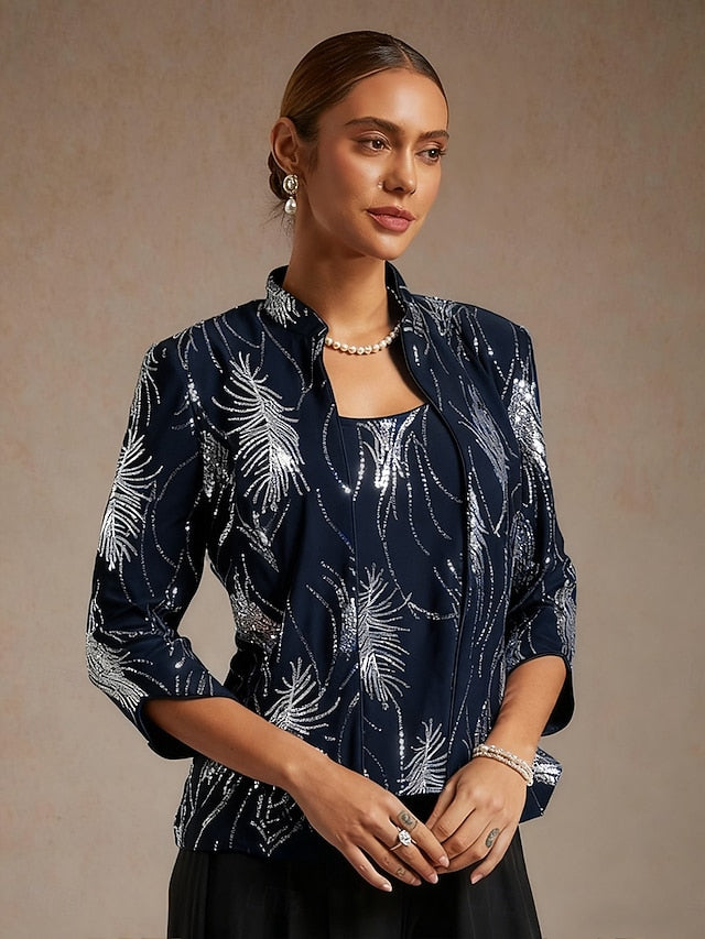 Women's Twinset Blouse Dressy Tops Jacket Sequins Feather