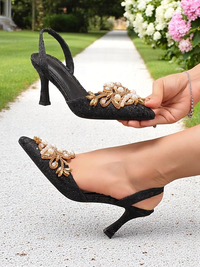 Heels Women's Satin Pearl Black with - Detailing Slingback