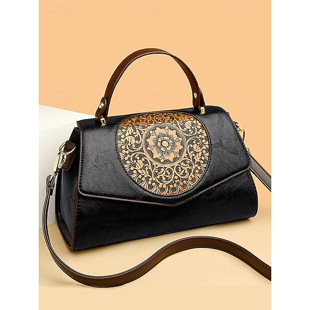 Handbag Leather Floral Engraved – Vintage Women's Faux